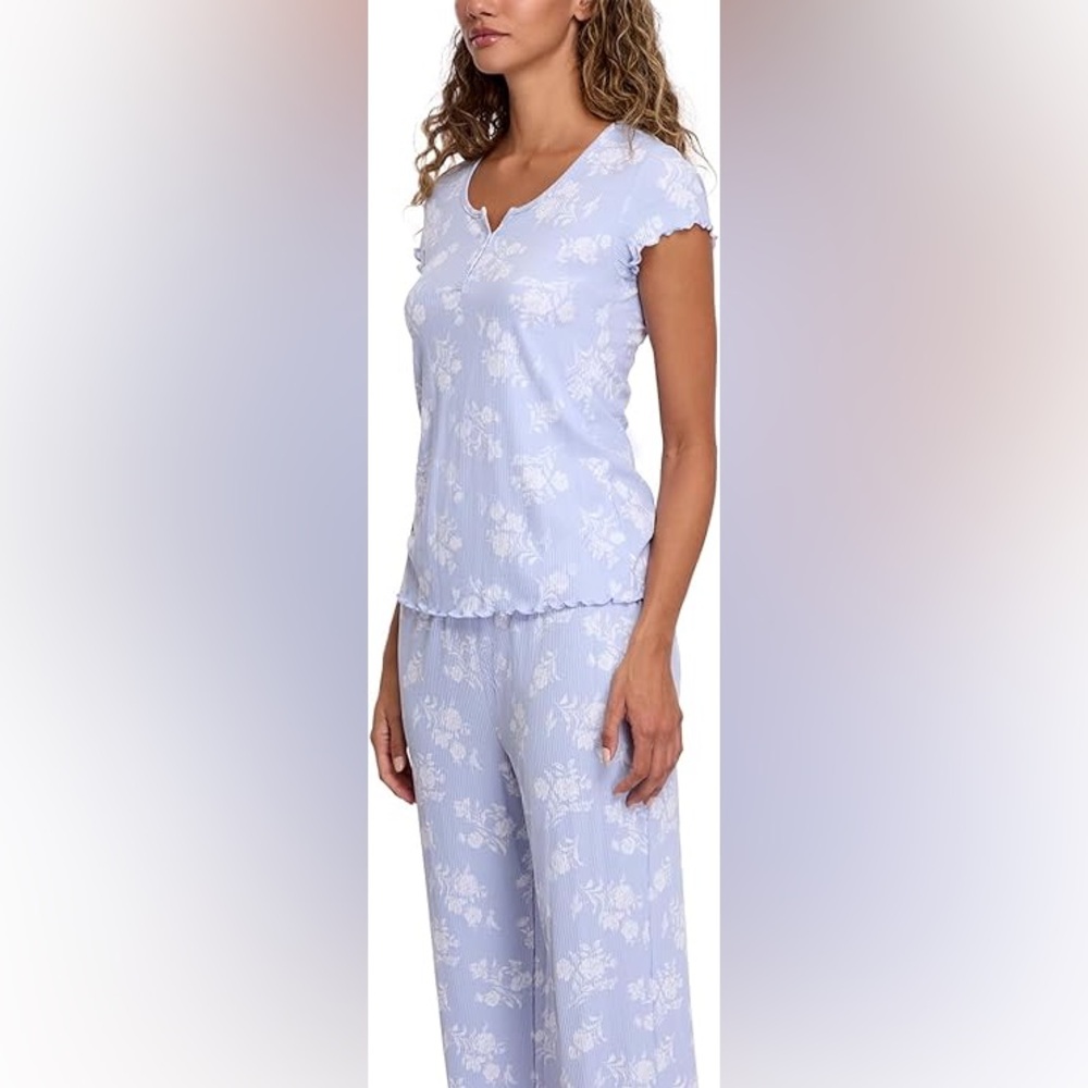 Laura Ashley Pajama Set 1X Blue Floral Ribbed Henley Flutter Sleeve Lettuce Trim